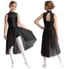 Kids Girls Figure Skating Dance Dress Sleeveless Mock Neck Cutout Back Side Split Asymmetrical Hem Sparkly Rhinestone Dresses