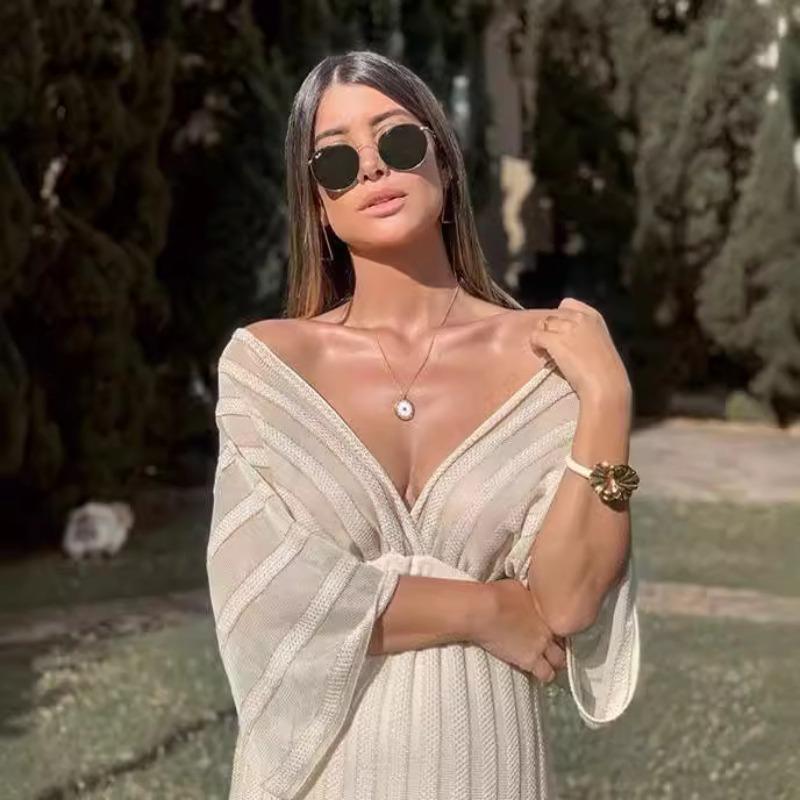 Женские летние узкие полые платья с v-образным вырезом и шалью