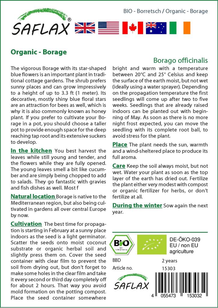 SAFLAX Garden in the Bag - Органический - Бурачник - 40 семян - С субстратом в подходящем стоячем пакете - Borago officinalis