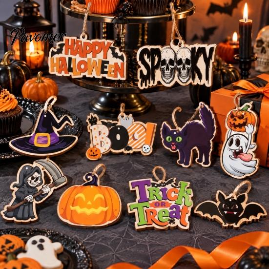 Halloween Wooden Hanging Ornaments Pendants, Reusable Decorative Ornaments, Pumpkin Witch And Ghost Handmade Embellishments Pattern Design,
