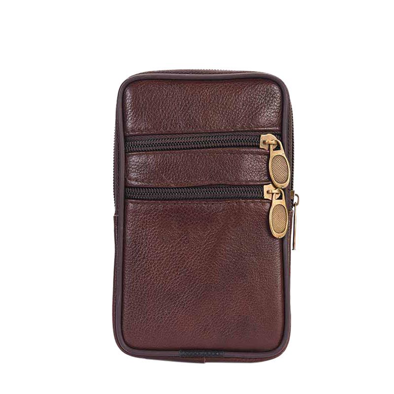 Men's Genuine Leather Waist Pack Bag Double Zipper Cell Mobile Phone Case Coin Purse Pocket Pouch