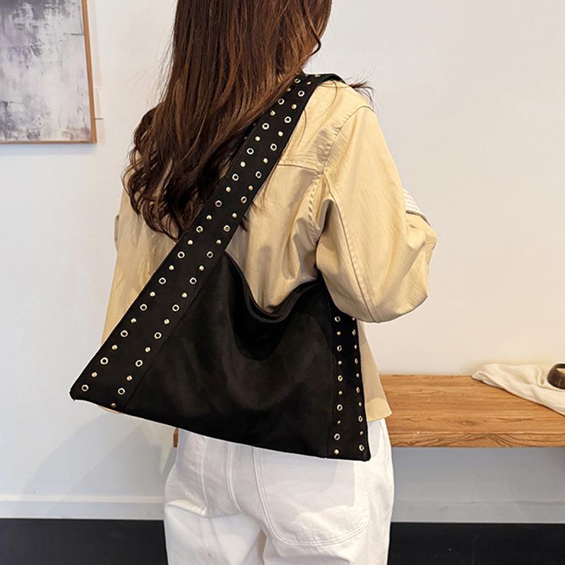 Ретро Замшевые Сумки через Плечо с Заклепками, Рабочие Сумки из ПУ Кожи, Большая Сумка-Тоут, Мешковатая Сумка-Локомотив для Женщин, для Путешествий, Зима, Осень