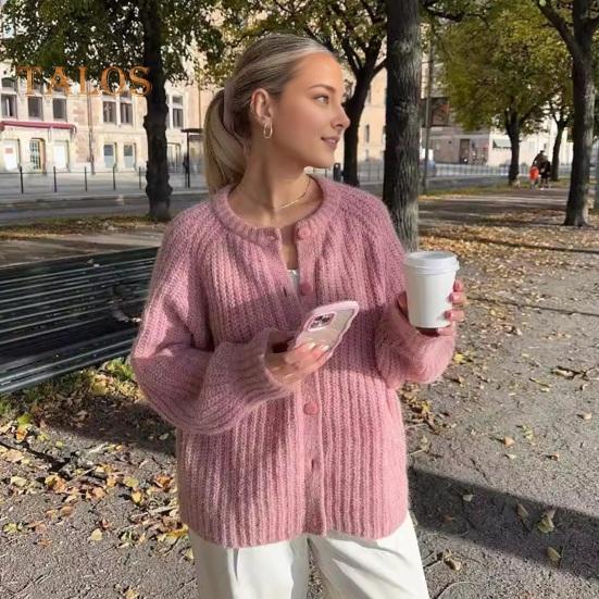 Женский свитер, пальто, круглый вырез, длинный рукав, однотонный кардиган на пуговицах, свитер, толстая теплая трикотажная верхняя одежда