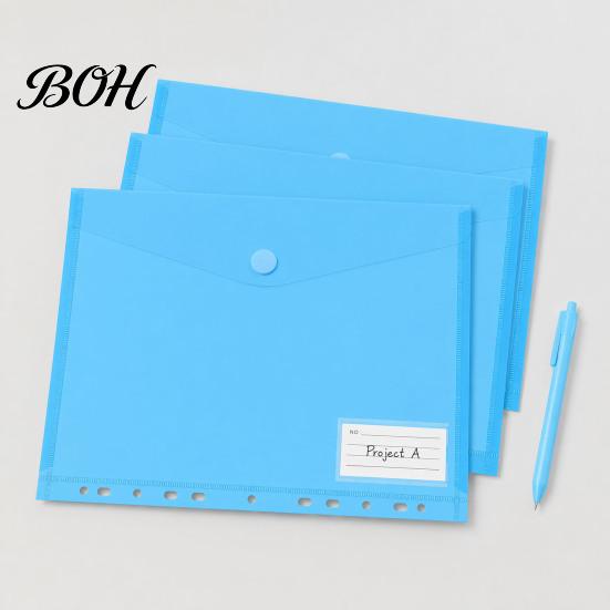 Multi-color Transparent File Bags Plastic Folder with Label Pocket, Hook And Loop Closure Clear Curved Flip Cover Poly Envelope Document Folder,