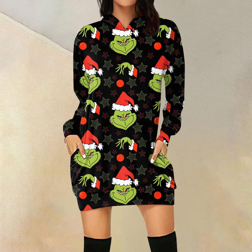 Женская свободная повседневная толстовка с капюшоном и карманом с длинными рукавами с рождественским принтом, длинный топ