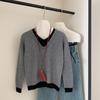 Women's V-Neck Wool Sweater: Color Block, Faux Two-Piece, Long Sleeve Knitwear