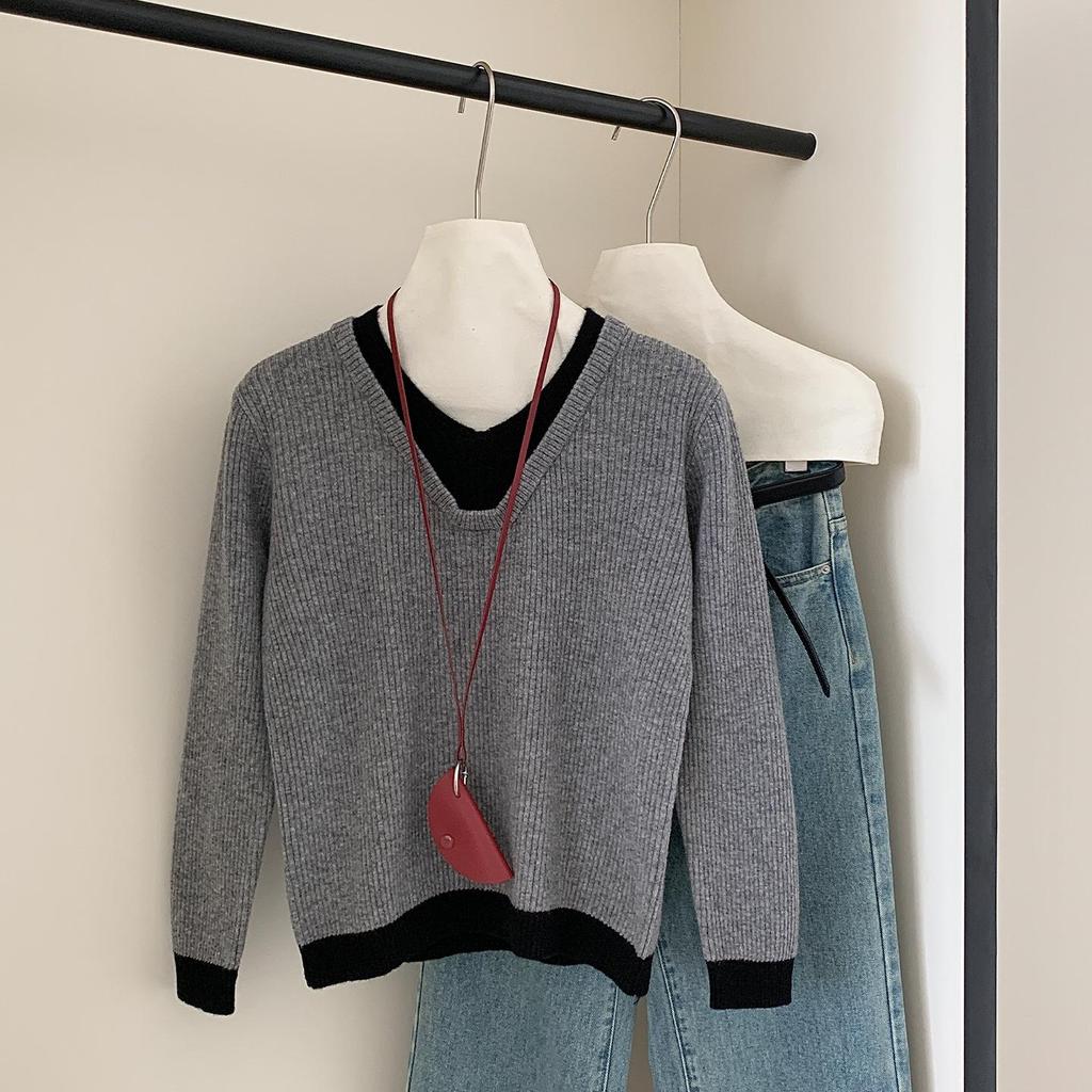 Women's V-Neck Wool Sweater: Color Block, Faux Two-Piece, Long Sleeve Knitwear