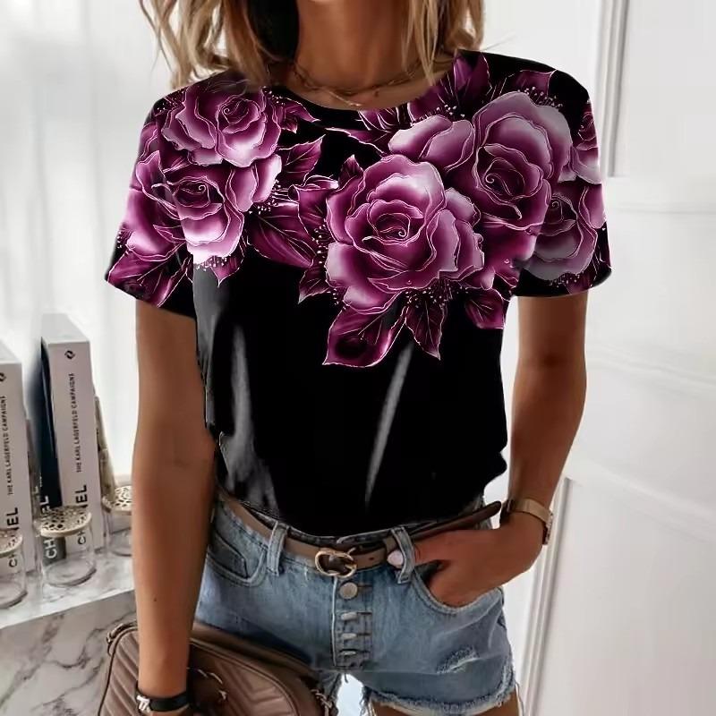 Модная футболка с 3D цветочным принтом для женщин, с круглым вырезом, с коротким рукавом, топы, женские свободные футболки оверсайз, одежда Y2k для девочек, футболки