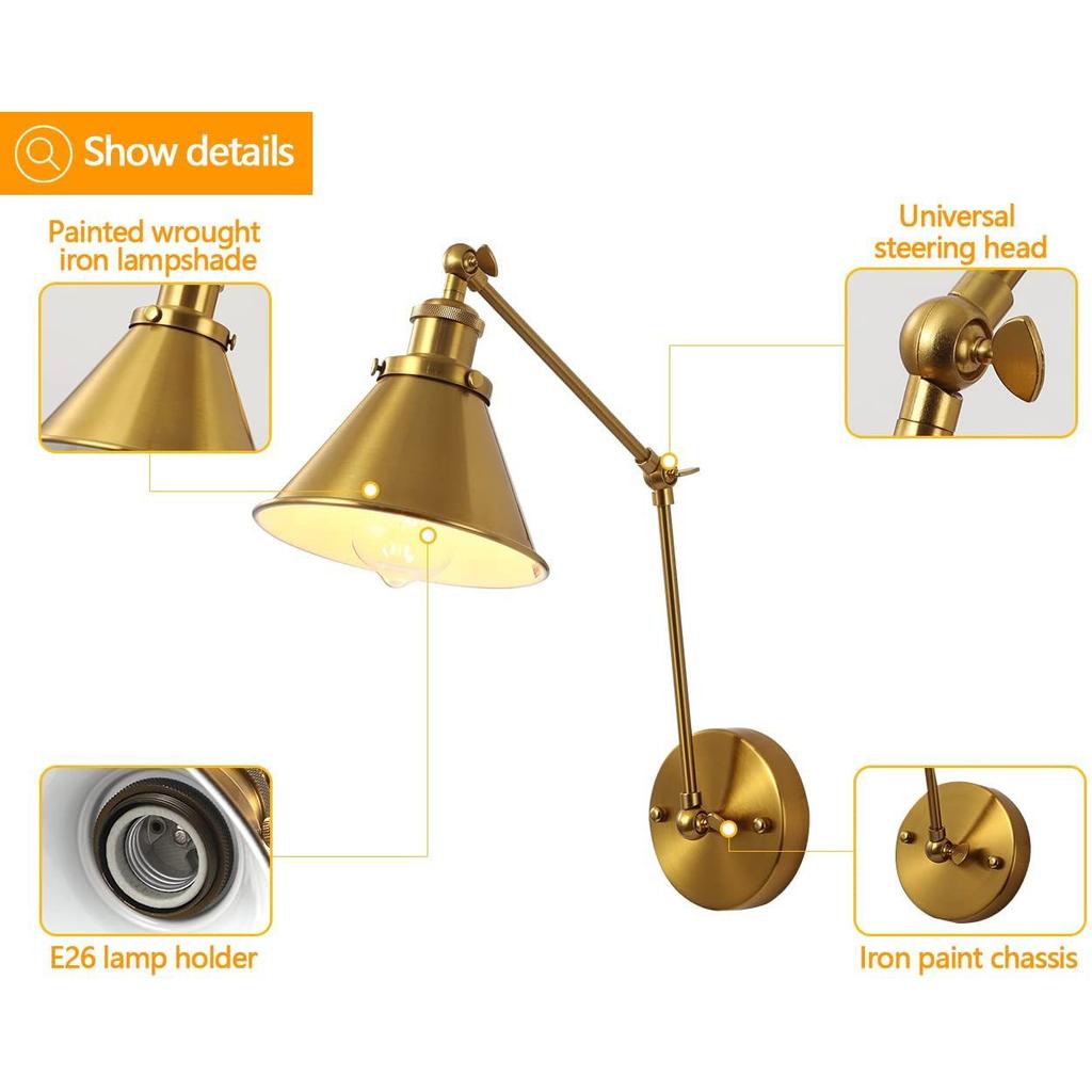 Nordic Brass Retro Loft Style Industrial Vintage Wall Lamp Adjustable Swing Arm Wall Light Edison Sconce Applique Murale