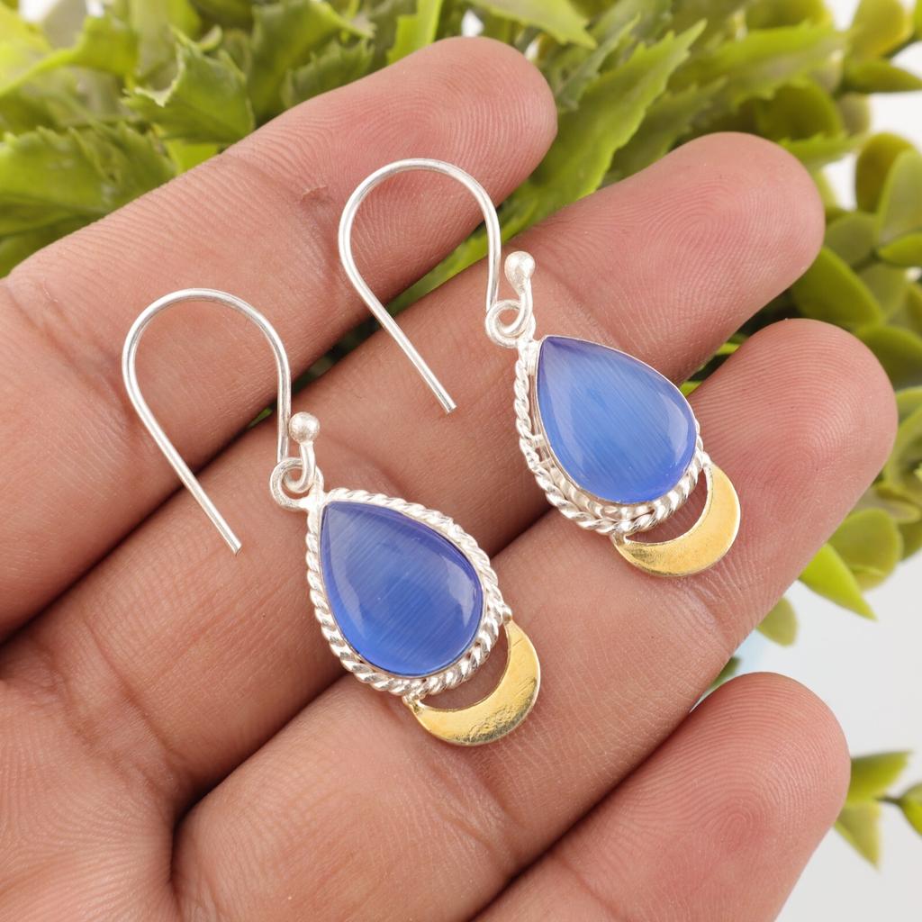 Dark Blue Cat's Eye Gemstone 925 Sterling Silver Jewelry Handmade Earrings 1.5" EE-162-37