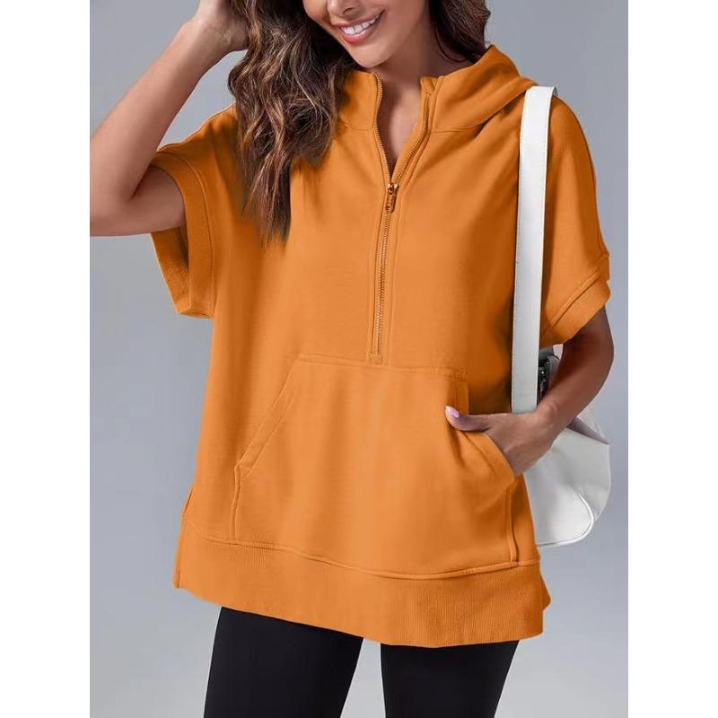 Женская весенняя новая однотонная повседневная толстовка с коротким рукавом и капюшоном