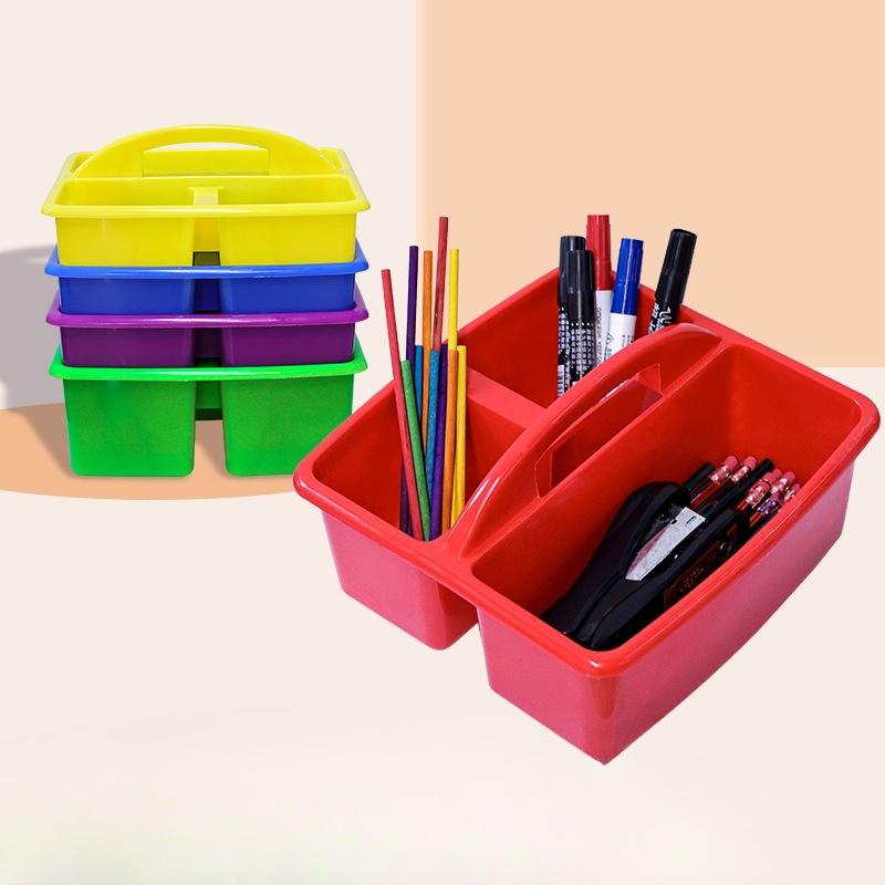 1/4pcs Stackable Thick Plastic Storage Boxes with Handles, 3 Compartments - Multi-Purpose Organizer for Classroom Supplies