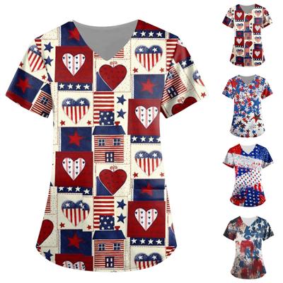 Женская рубашка с короткими рукавами и v-образным вырезом с принтом ко Дню независимости и карманами