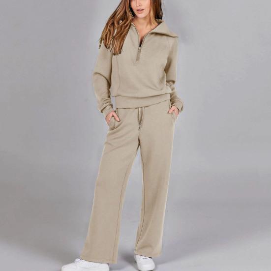 2Pcs/Set Women Solid Color Casual Outfit Lapel Zipper Neckline Long Sleeve Sweatshirt Elastic Waist Drawstring Wide Leg Pants Set