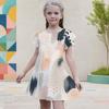 Little Girls Round Neck Flutter Sleeve Leaf Printed A Line Flared Dress