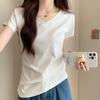 Футболка облегающего кроя из чистого хлопка с V-образным вырезом для женщин, корейский стиль, универсальная, летняя, тонкая, с правым плечом, облегающий верх, короткие рукава