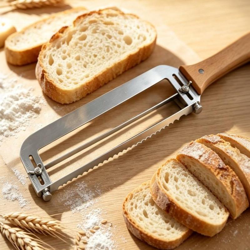 Stainless Steel Bread Slicer With Adjustable Serrated Blade And Wooden Handle For Home Baking Homemade Bread Cutting