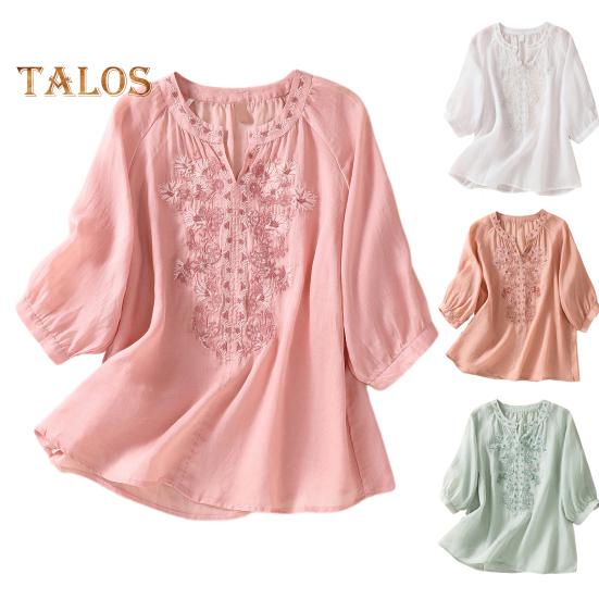 Летняя женская рубашка с V-образным вырезом и цветочной вышивкой, рукава три четверти, свободная однотонная ретро-мама, женская повседневная блузка среднего возраста