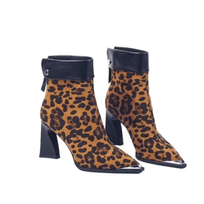 Women's Ankle Boots 2024 New Sexy Pointed Stripper Leopard Print Designer High Heel Boots Casual Zipper Punk Style Mujer Zapatos