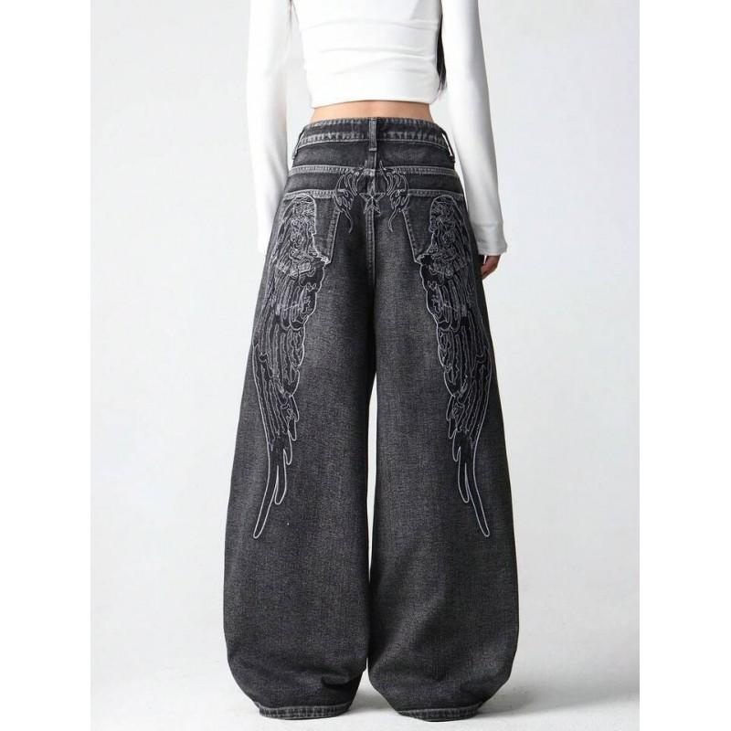 Unisex Wide Leg Denim Pants With Wing Print Vintage Streetwear High Waist Loose Fit Jeans