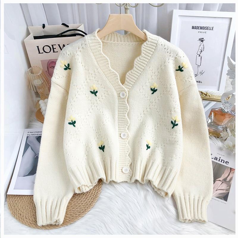 Винтажный вязаный кардиган с цветочной вышивкой, женский свитер с v-образным вырезом, осенне-зимний укороченный кардиган, женский однотонный трикотаж Y2K 23195