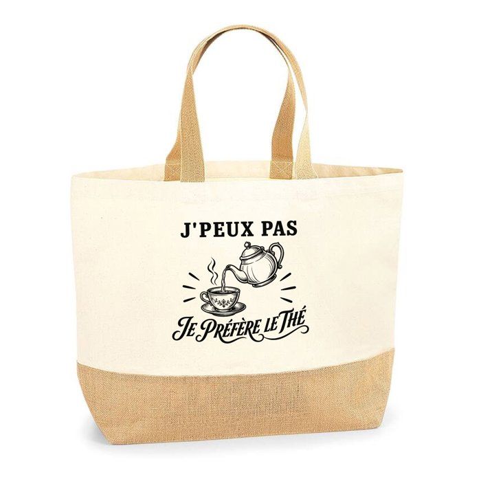 Sac J’peux pas je préfère le Thé J'peux pas minimaliste | Cabas en Coton avec Fond Jute 18 L 48 × 37 × 13 cm | Marché Shopping