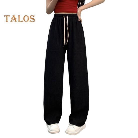 Женские брюки с эластичной резинкой и высокой талией, регулируемые длинные брюки с завязками, однотонные прямые широкие повседневные брюки для повседневной носки