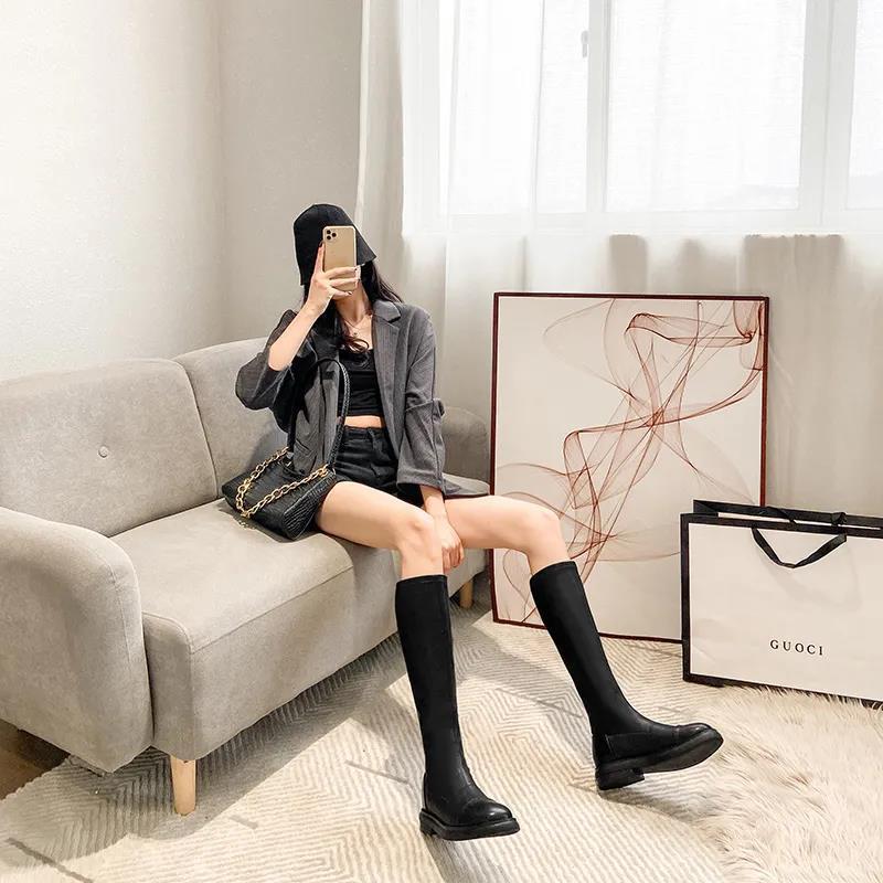 Martin Boots Women's 21 Autumn and Winter New Soft Leather British Style Knight Boots Long High Boots Fashionable and Thin But Knee Boots