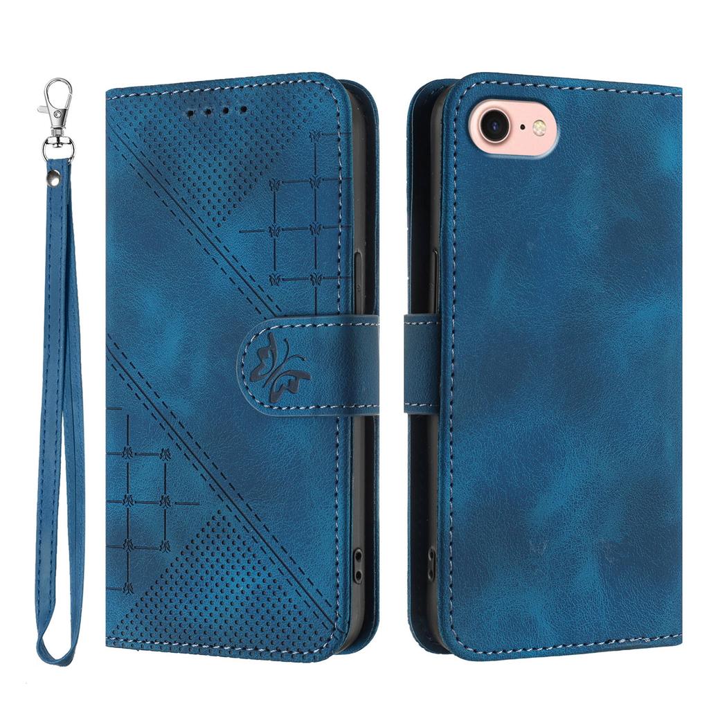 For iPhone 16e Leather Wallet Case Butterfly Flower Imprinted Phone Cover with Strap