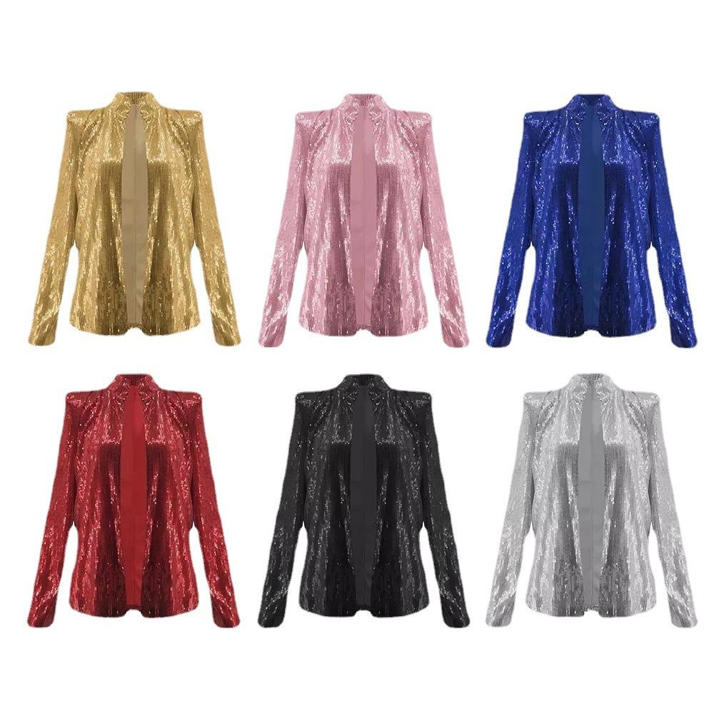 Spring New European and American Women's Fashion Standing Neck Solid Color Sequin Coat Short Casual Versatile Small Coat