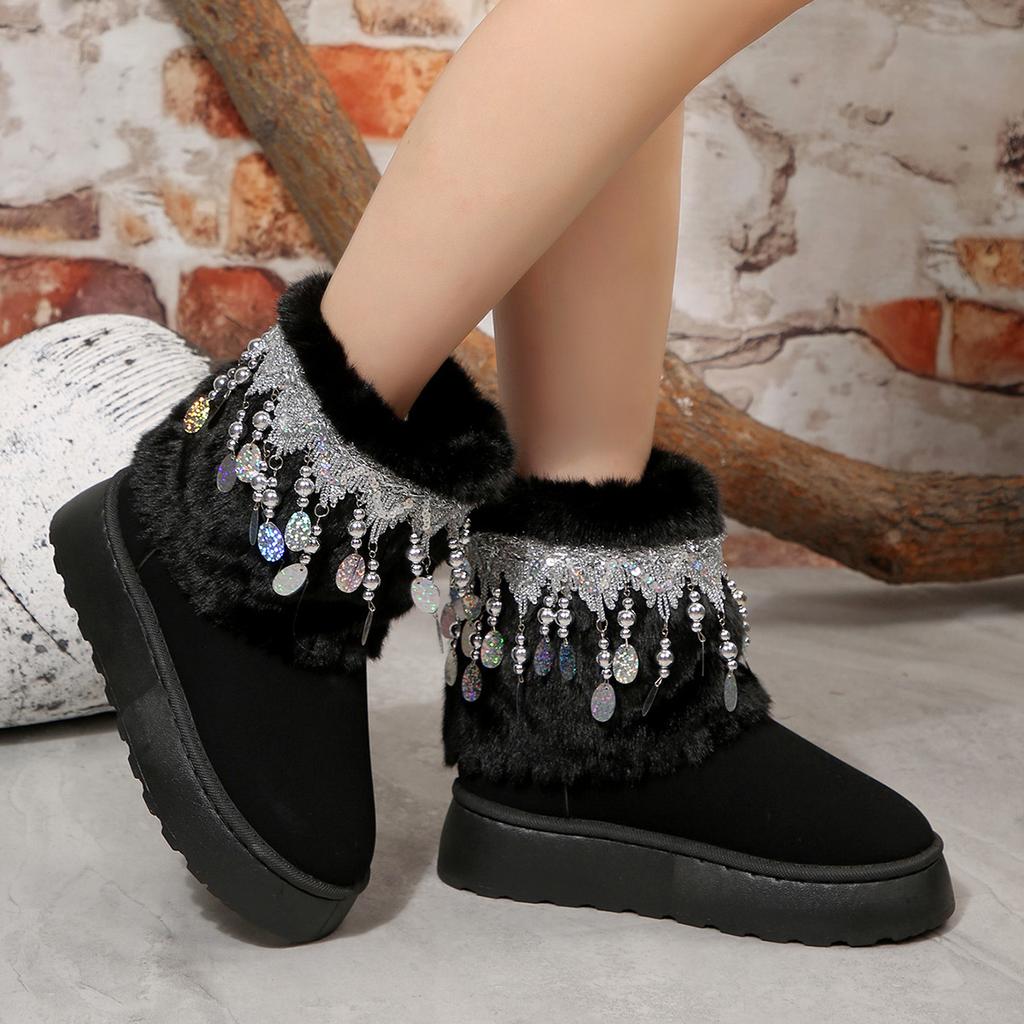Foreign Trade Comfortable Thick-soled Short Cotton Shoes Women's Autumn and Winter New Tassel Beaded Velvet Warm Snow Boots