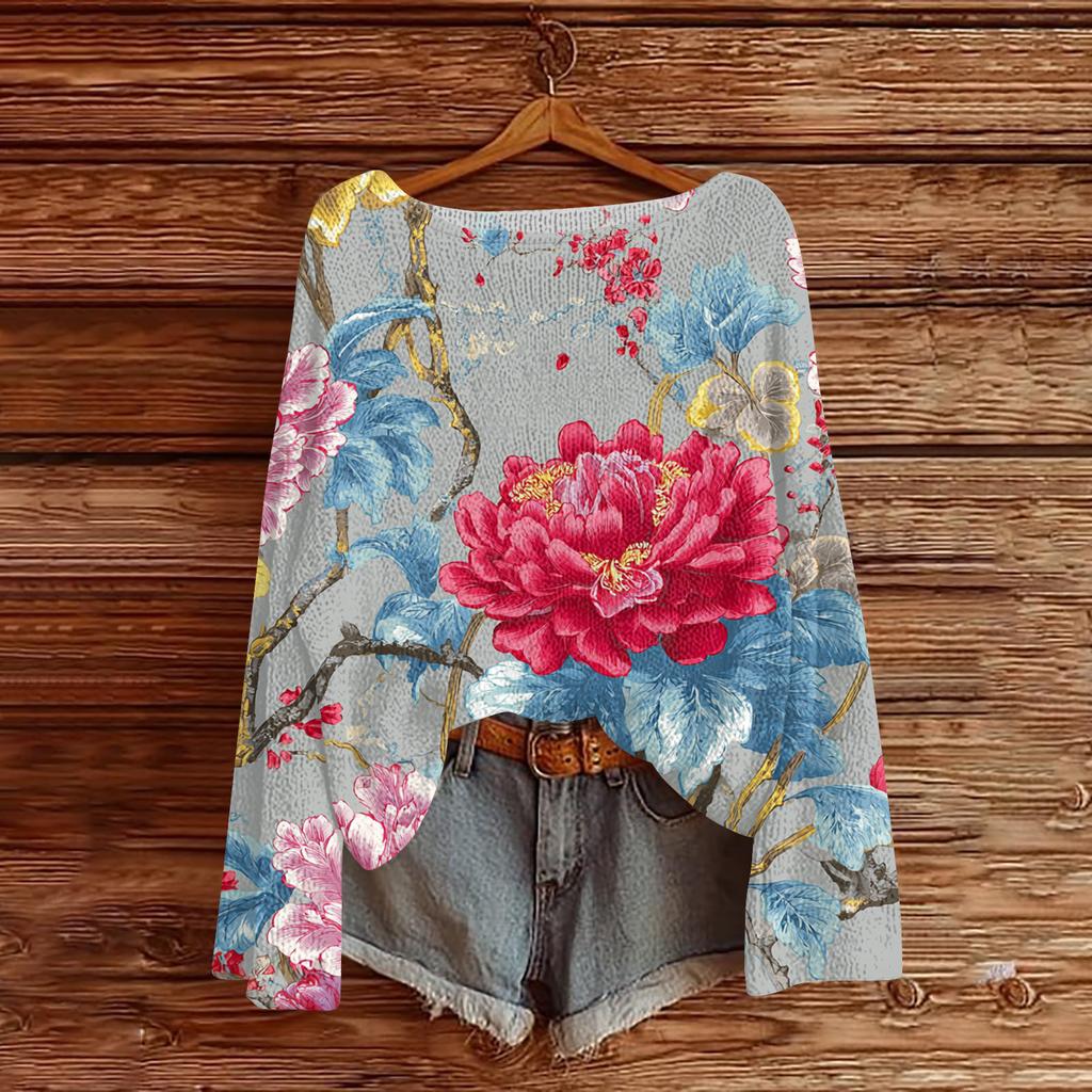 Женский легкий свитер повседневный с длинным рукавом вязаный винтажный с цветочным принтом пуловер