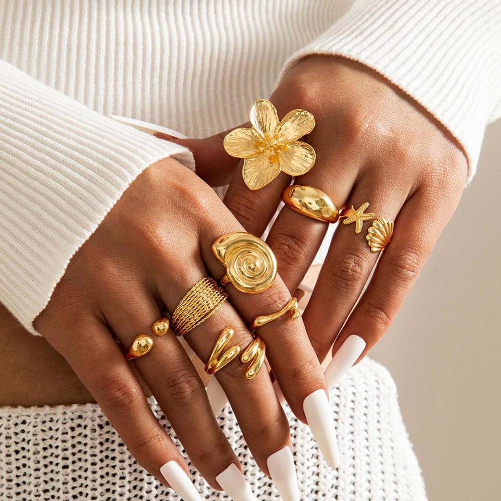 8Pcs/Set Vintage Metal Petal Flower Water Drop Open Rings for Women Trend Goth Geometric Rings Set Daily Jewelry Gift