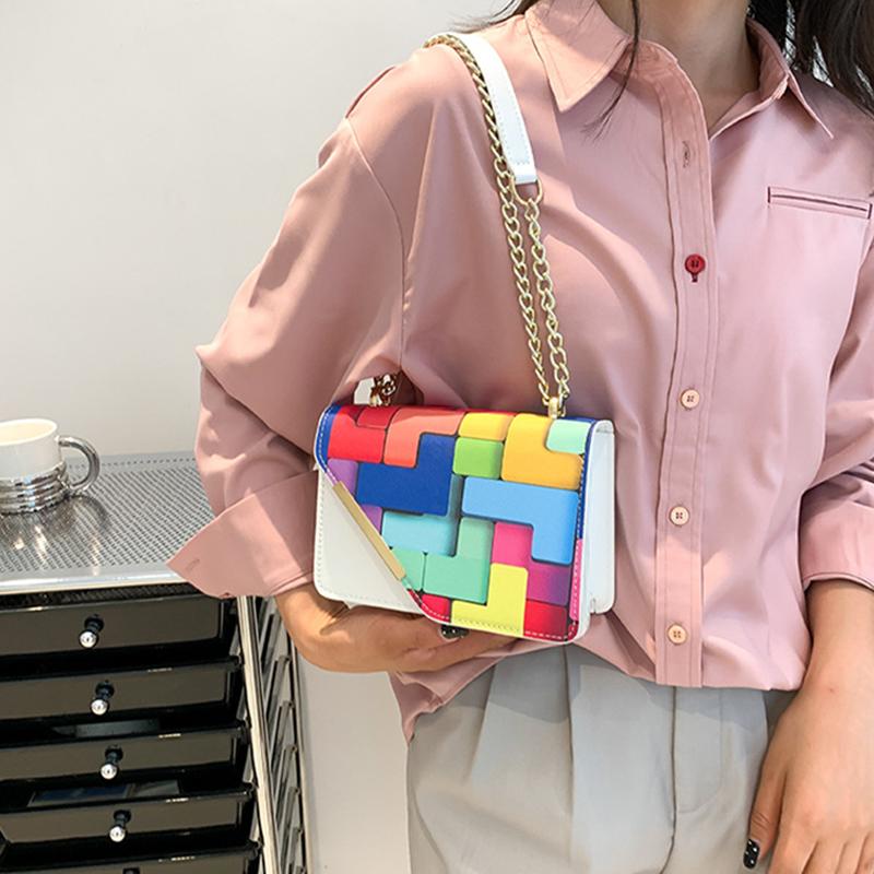 Женская маленькая квадратная сумка-слинг на плечо с клапаном из искусственной кожи, летняя, контрастного цвета, универсальная, с цепочкой, кроссбоди KTY