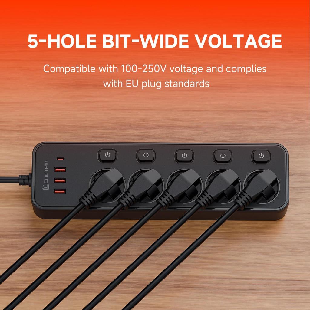EU AC Plug 1.8M Extension Cord European Standard Independent Switch Multitap Power Strip Network Filter With USB C Ports Charging