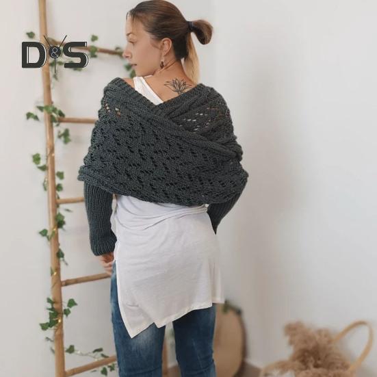 Knitted Cable Wrap Scarf with Sleeves Soft Bohemian Style Shawl Scarf Hollow Crochet Pattern Cross Wrap Scarf Sweater Wrap