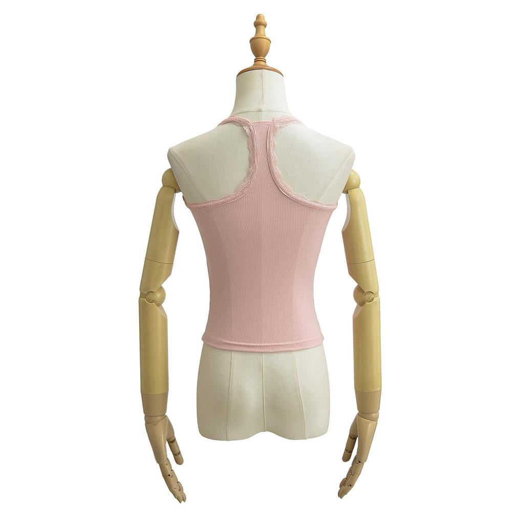 Women's Summer 2024 Backless Slim-Fit Halter Top with Bra Pads & Lace Trim