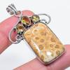 Natural Fossil Coral, Citrine 925 Sterling Silver Jewelry Pendant 2.29" d0T20