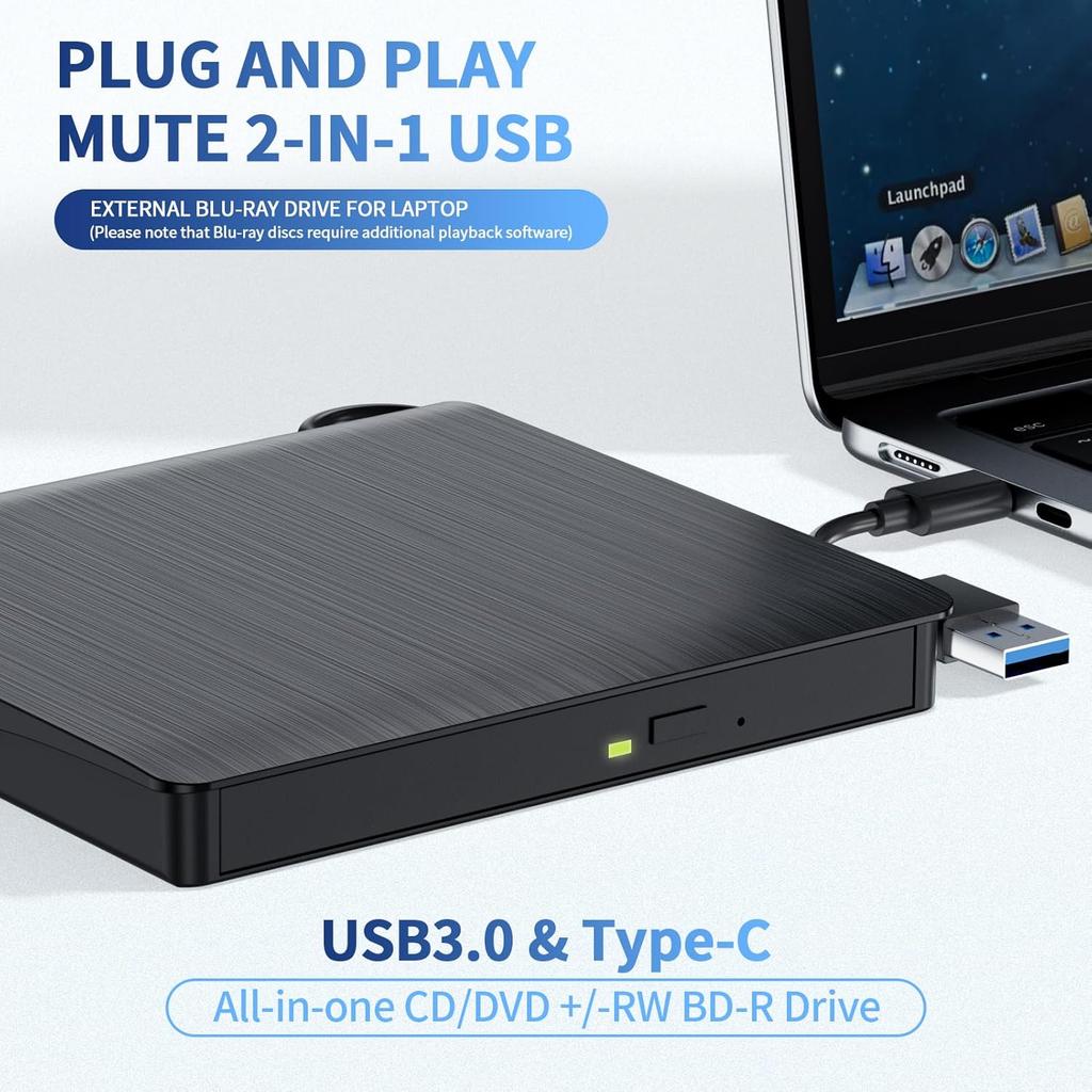 Внешний Blu-ray привод, USB 3.0 и USB-C BD ридер, DVD/CD рекордер–Портативный Blu-ray плеер с поддержкой 3D воспроизведения для ноутбука, ПК, настольного компьютера