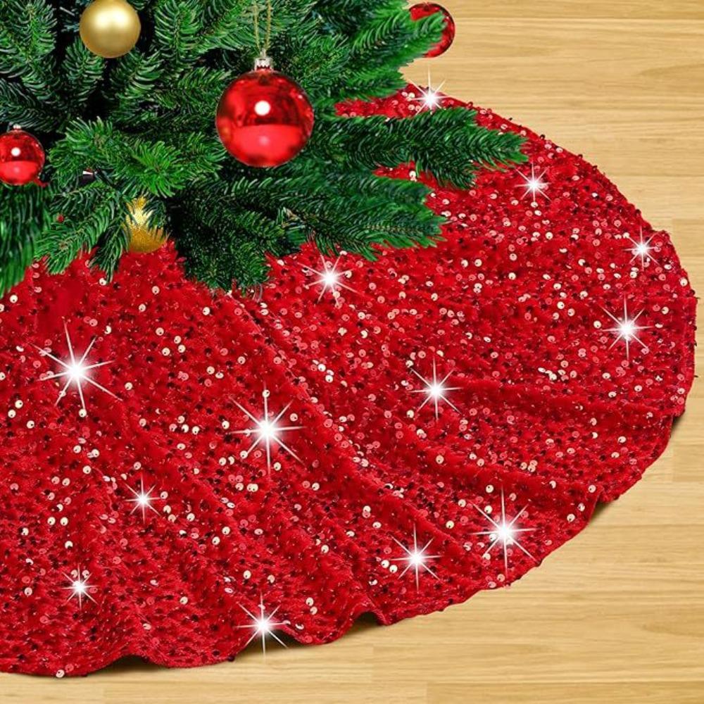 Red Bow Design Tree Base Cover Velvet Xmas Tree Skirt Large Ornament Tree Base Mat Shopping Mall