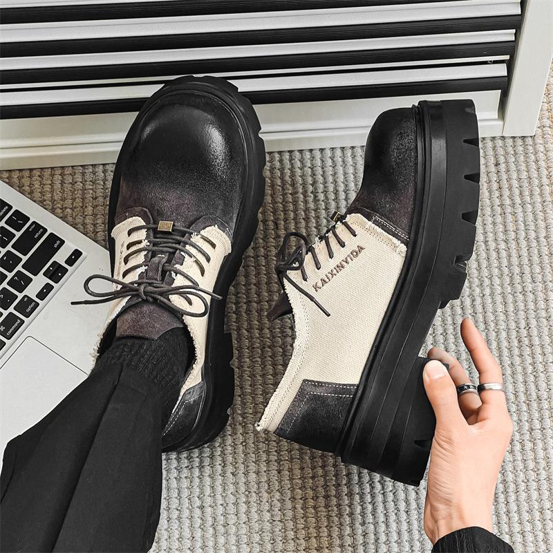 Premium Black Small Leather Shoes Loafers Platform Heightening British Style Single Shoes Lace-up Korean Version Versatile 30339-J
