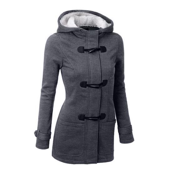 Fall Winter Coat with Side Pockets Solid Color Hooded Horn Button Closure Long Sleeve