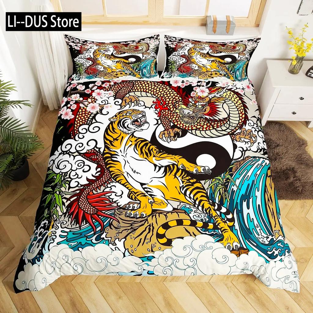 Comforter Dragon King Size Kids Mythical Animal Bedding Set Microfiber 2/3Pcs Set For Girls Women Black Gold Decor