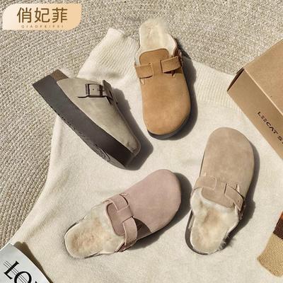 Бархатные туфли на толстой подошве для женской зимней сумки, полузакрытые пушистые тапочки для женщин, чтобы увеличить их рост и носить хлопковые туфли