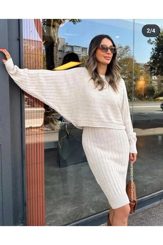 Women's Bat Sleeve Double Knitwear Suit Knitwear Suit Cream
