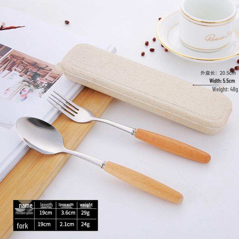 Набор столовых приборов из нержавеющей стали с деревянными ручками - Включает палочки для еды, вилку и ложку для студентов и путешествий на открытом воздухе.