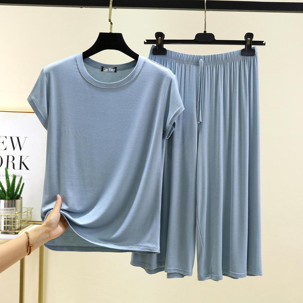Женский повседневный комплект больших размеров из модала с коротким рукавом - Корейский стиль, брюки с широкими штанинами, двухпредметная домашняя одежда