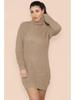 Women's Knitted Turn-Down Collar Sweater Dress - Loose Mid-Length Solid Color Pullover