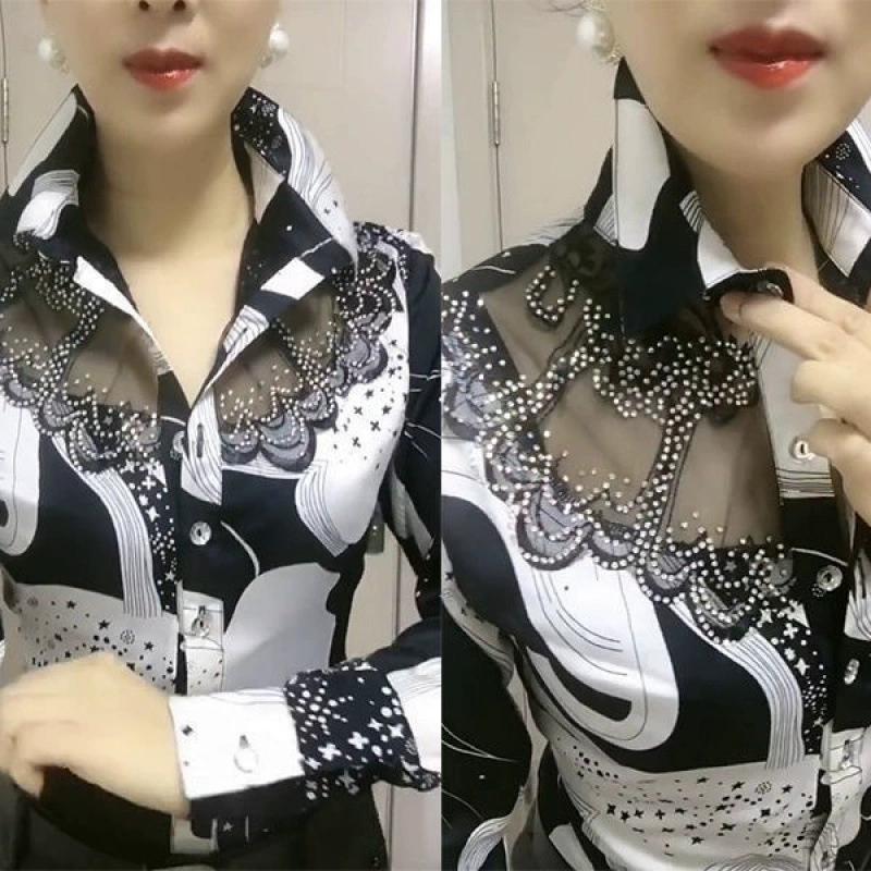 Blouse Tops Offce Lady Shirts Summer Lace Chiffon Shirts Women's Lapel Stitching Printing Buttons Female Blusas Chemises Fleurs