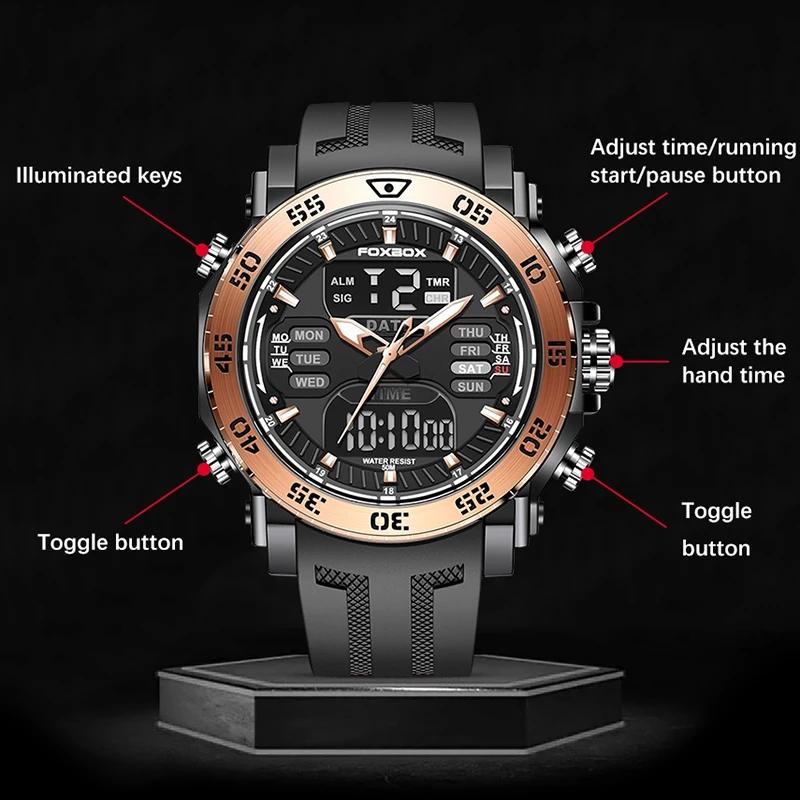LIGE Мужские часы с двойным дисплеем, военные армейские часы FOXBOX, мужские часы 50 м, водонепроницаемые наручные часы, светодиодные кварцевые часы, спортивные часы
